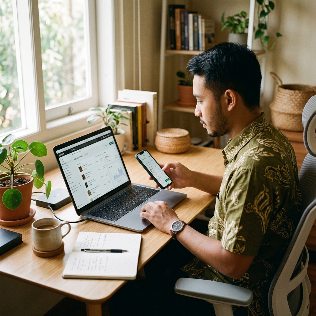 Pengusaha muda mengelola bisnis online dengan tools digital
